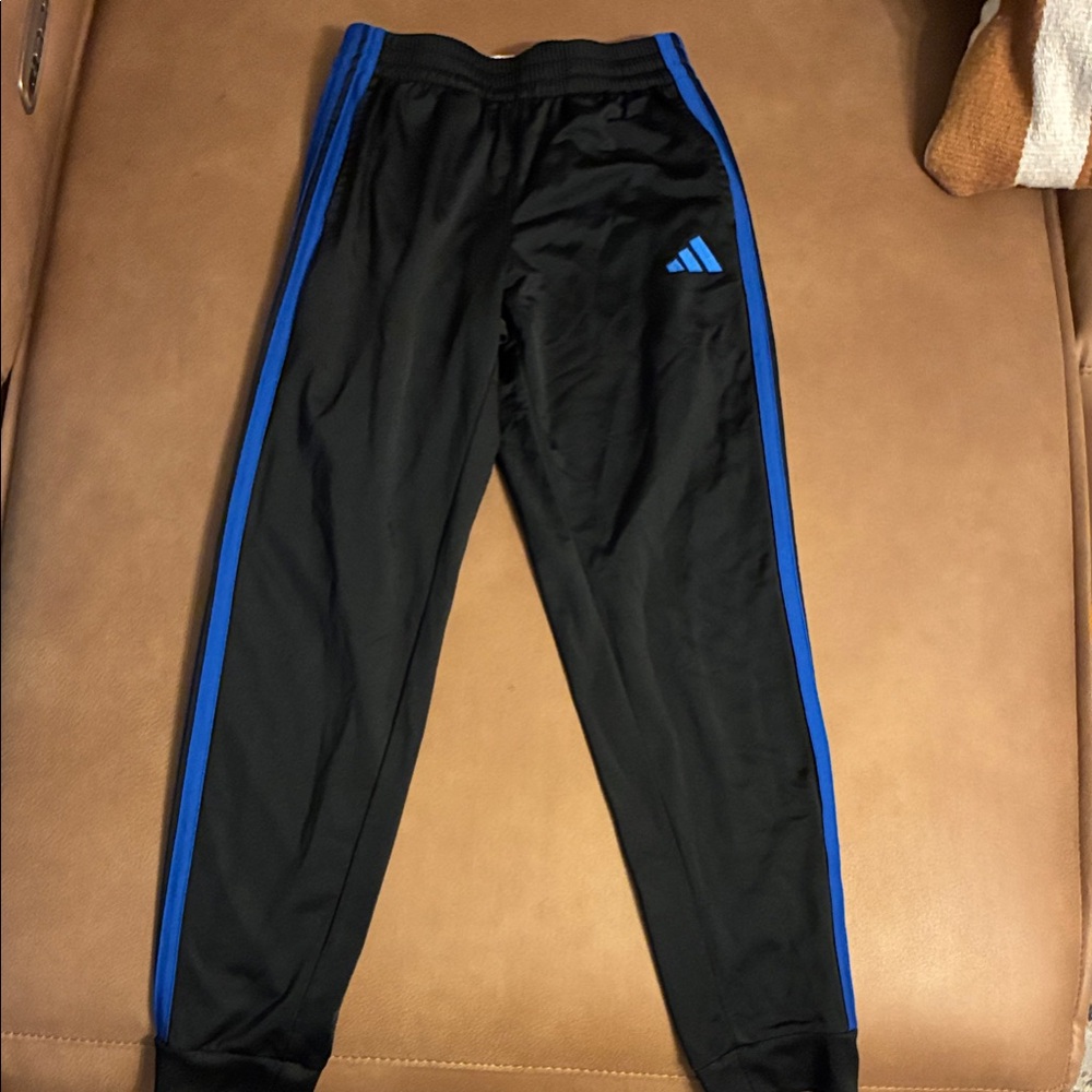adidas Kids Black Joggers with Blue Side Stripes
